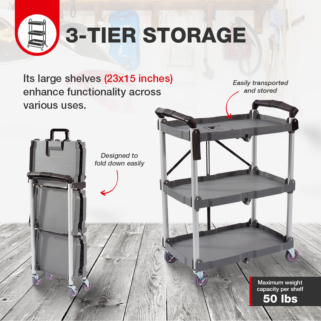 Elevon Service Cart Portable Utility 3 Tier Collapsible Shelving Unit,Gray(Used)