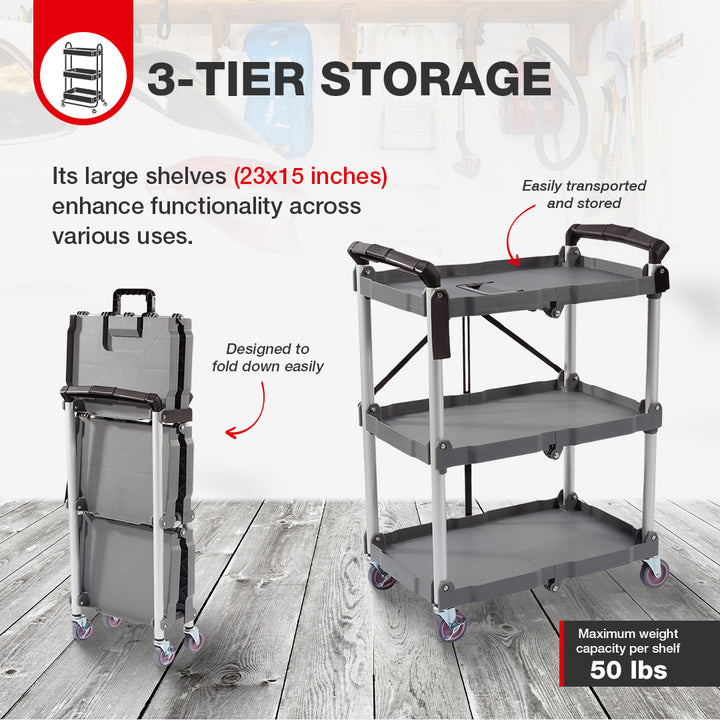 Elevon Service Cart Portable Utility 3 Tier Collapsible Shelving Unit, Gray - VMInnovations