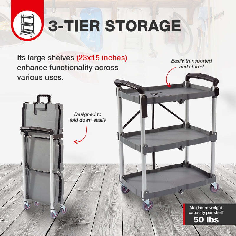 Elevon Service Cart Portable Utility 3 Tier Collapsible Shelving Unit, Gray