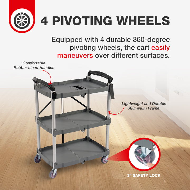 Elevon Cart Portable Utility 3 Tier Collapsible Shelving Unit, Gray (Open Box)