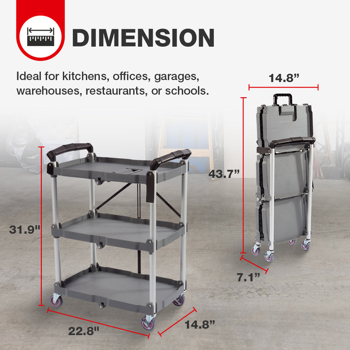 Elevon Service Cart Portable Utility 3 Tier Collapsible Shelving Unit,Gray(Used)