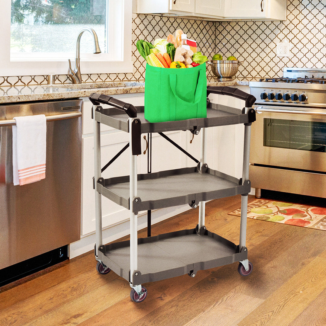 Elevon Cart Portable Utility 3 Tier Collapsible Shelving Unit, Gray (Open Box)