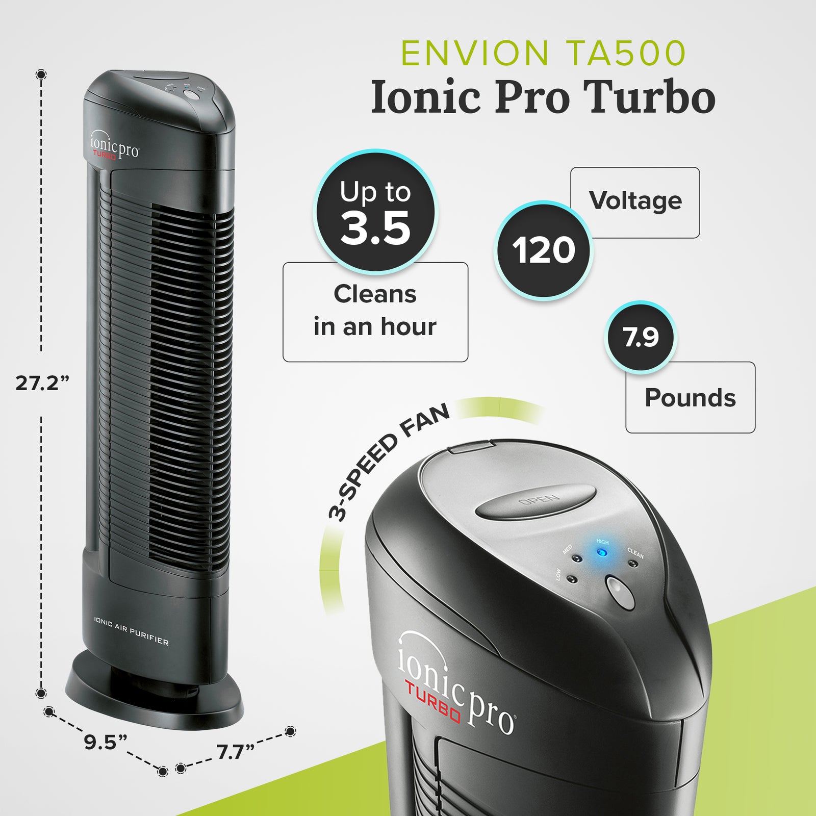 ENVION Ionic Pro Turbo Medium to Large Room HEPA Air Purifier Tower w/ 3 Speeds - VMInnovations