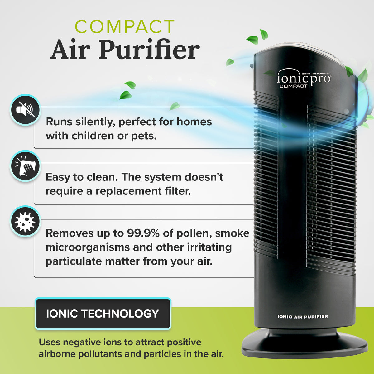 ENVION CA200 Ionic Pro Medium Room Silent Compact Tower Air Purifier, Black