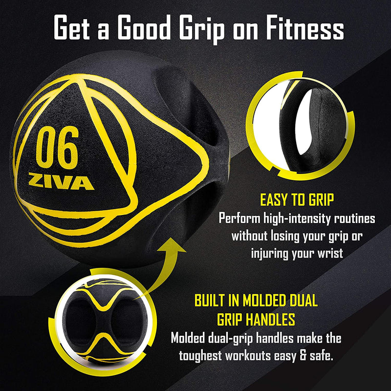ZIVA Dual Grip Rubber Medicine Ball for Strength Training & Core, Black, 12 Lbs