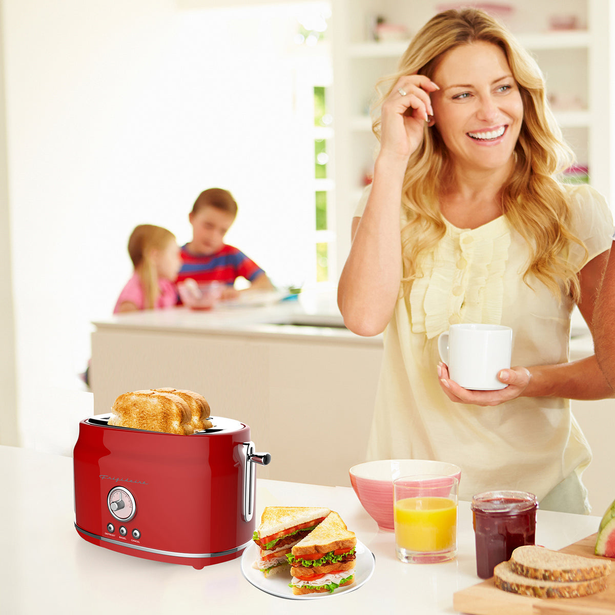 Frigidaire Retro Home Kitchen 2 Slice Toaster Maker with Wide Bread Slots, Red