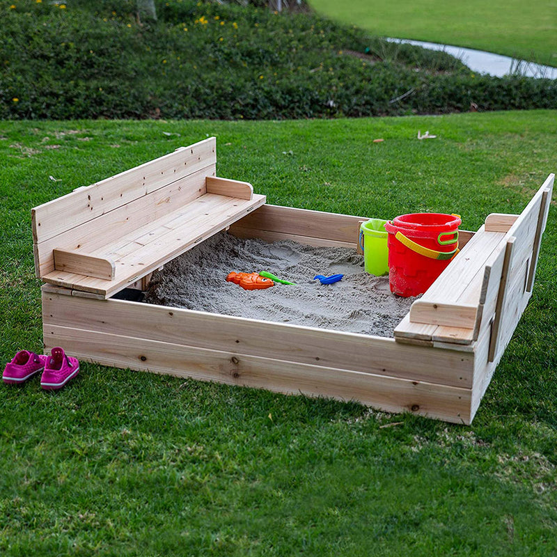 Be Mindful Solid Wood Extra Large Kids Sandbox with Cover and Bench Seat (Used)
