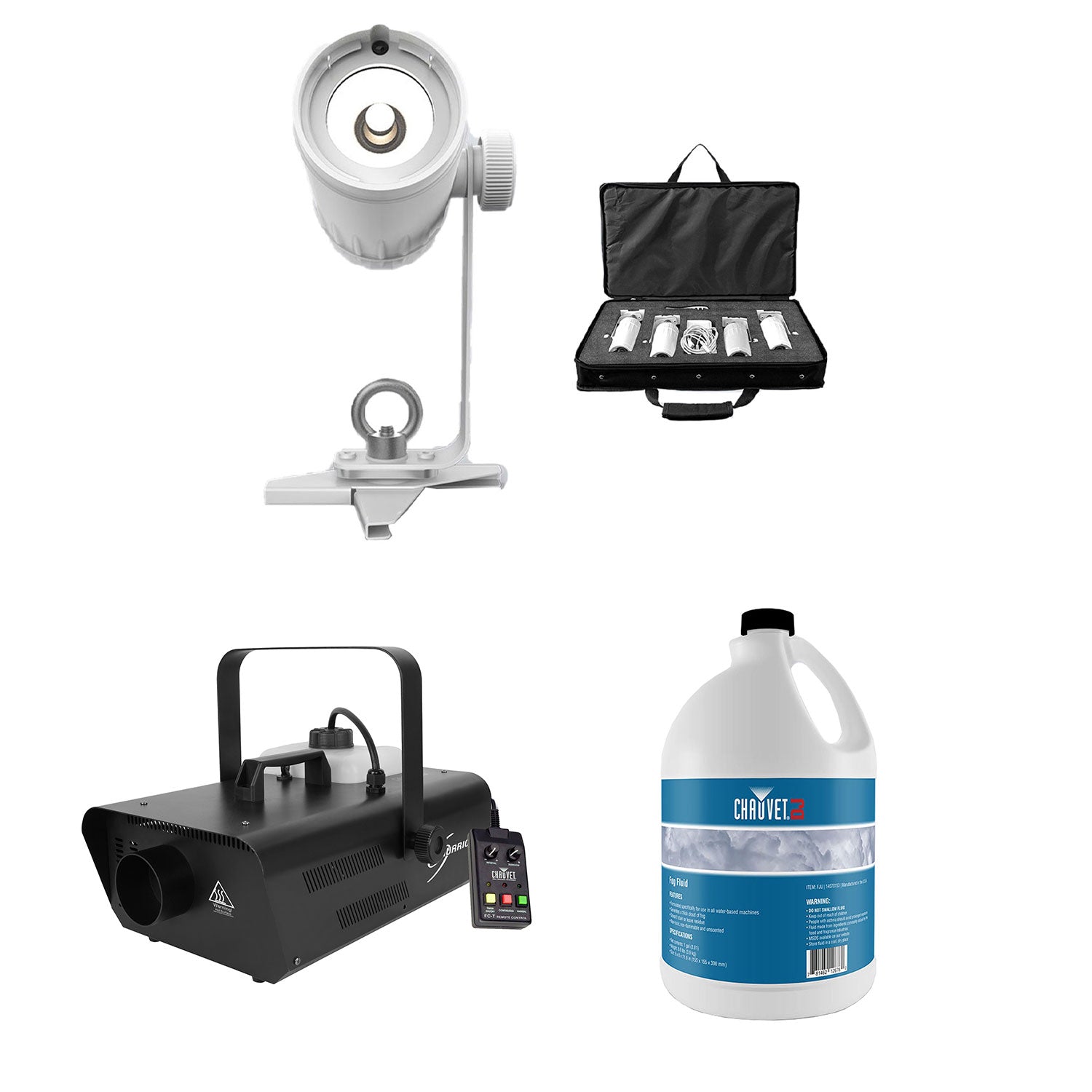 Chauvet DJ EZ Pin 4 Pack Spot Stage Lighting + Fog Machine + Fog Smoke Juice - VMInnovations