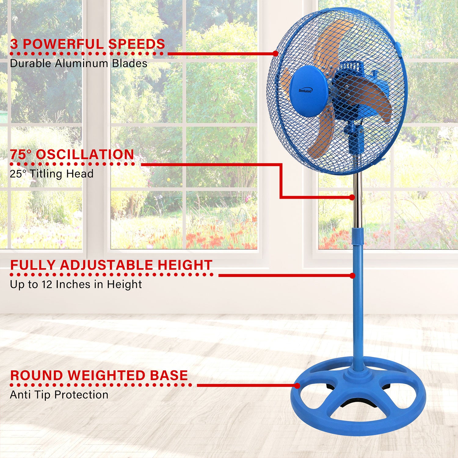Brentwood 3 Speed Oscillating 12 Inch Adjustable Stand Fan, Blue (Used) - VMInnovations