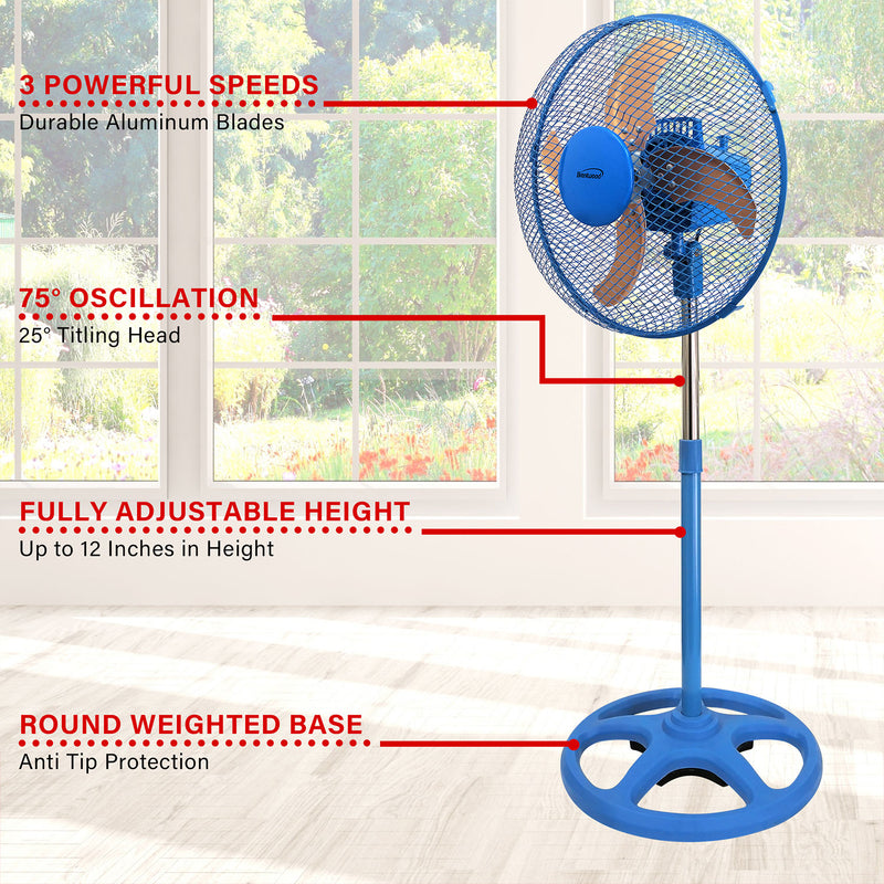 Brentwood 3 Speed Whisper Quiet Oscillating 12 Inch Adjustable Stand Fan, Blue
