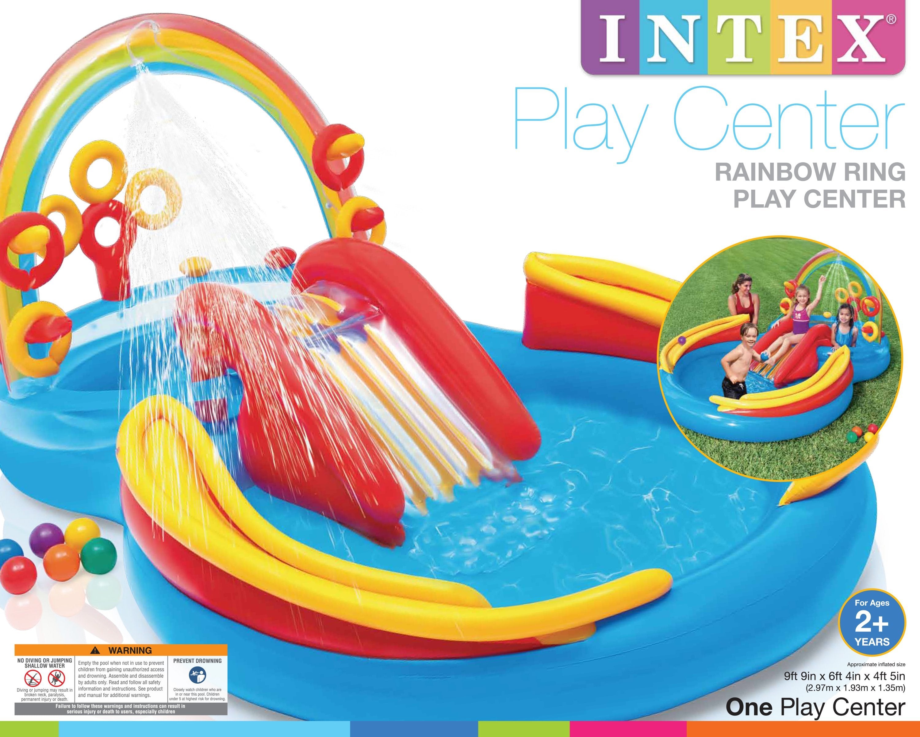 Intex Rainbow Ring Kiddie Pool with Slide (2 Pack) and 120V Air Pump (2 Pack) - VMInnovations