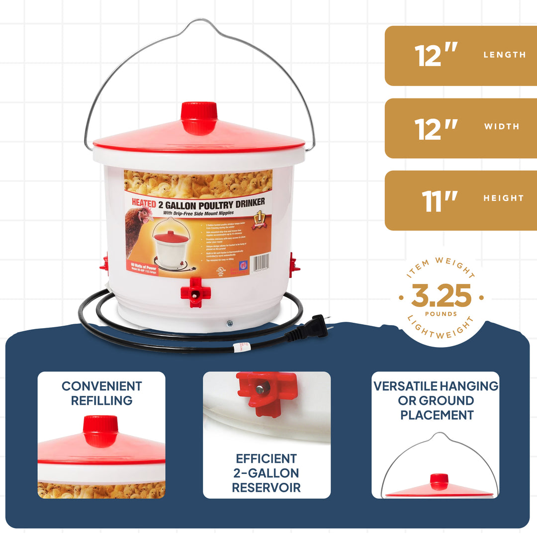 Farm Innovators Heated 2 Gallon Poultry Water Bucket Drinker, White/Red (2 Pack)