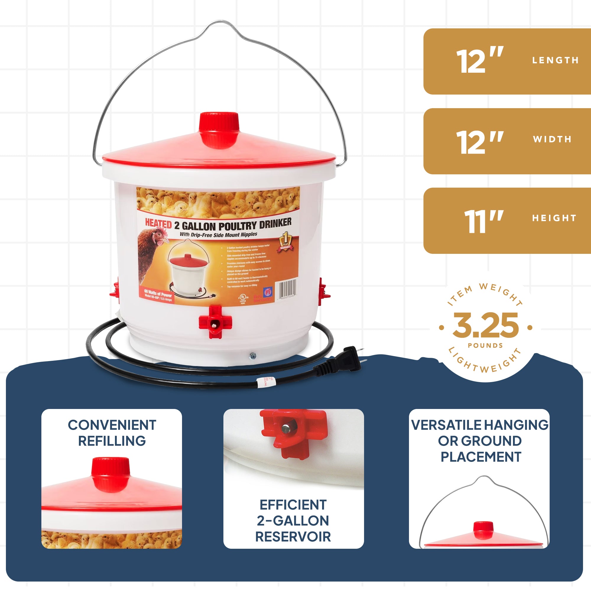 Farm Innovators Heated 2 Gallon Poultry Water Bucket Drinker, White/Red (2 Pack)