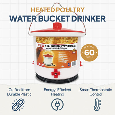 Farm Innovators Heated 2 Gallon Poultry Water Bucket Drinker, White/Red (2 Pack)