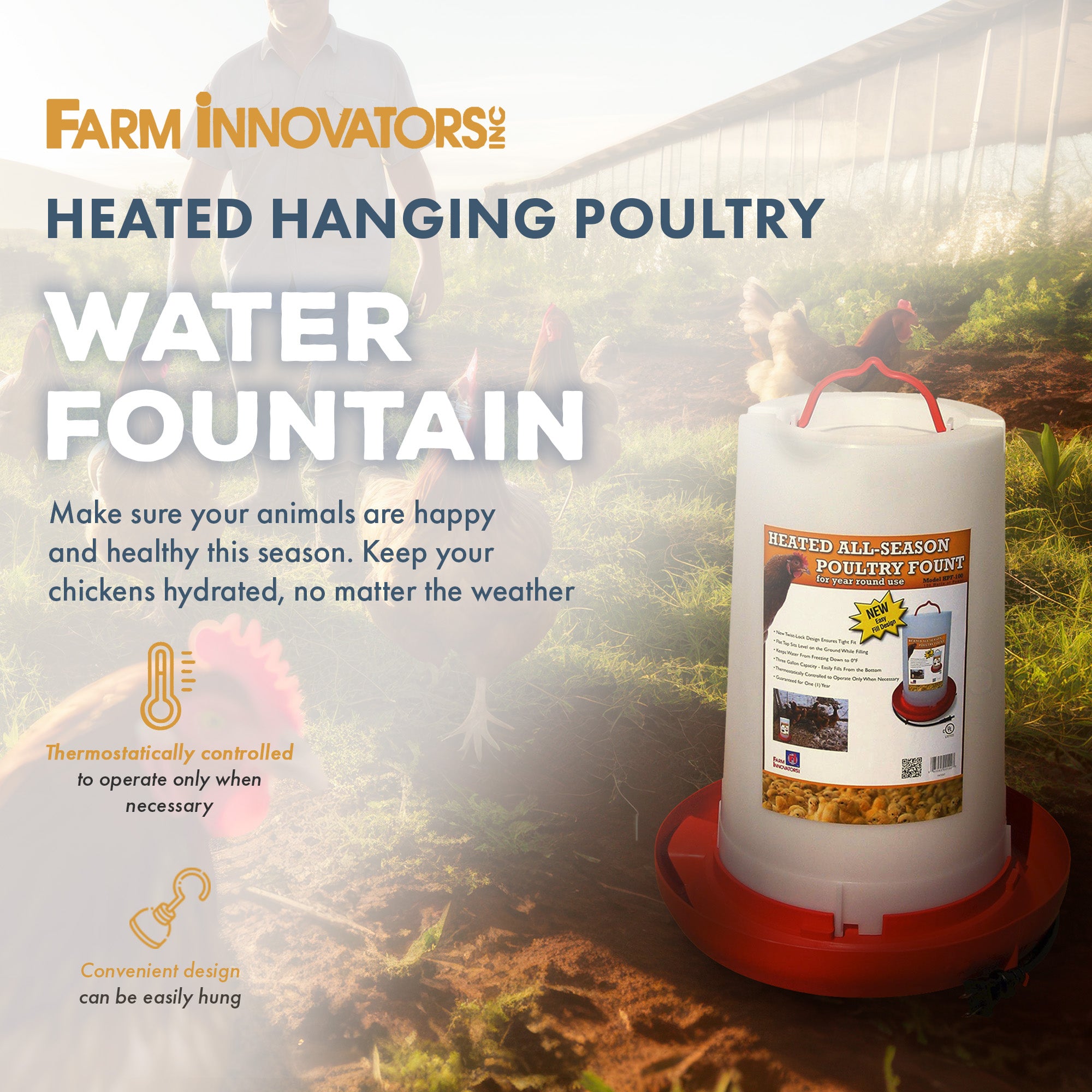 Farm Innovators HPF-100 Heated 3g Plastic Hanging Water Fountain, Red (Used) - VMInnovations