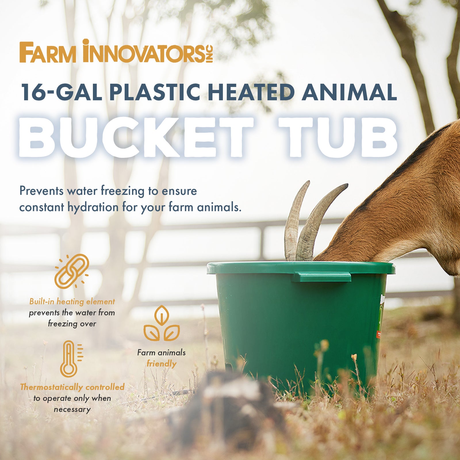 Farm Innovators Heated Bucket, Livestock Water Bowl w/Heating Element, 16 Gallon - VMInnovations