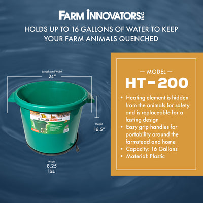 Farm Innovators HT-200 16 Gallon Plastic Heated Animal Water Bucket Tub, Green