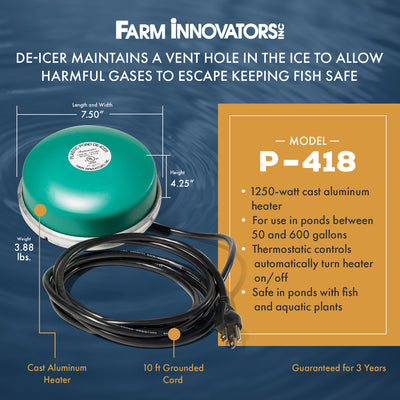 Farm Innovators Cast Aluminum 1250W All Pond Floating De-Icer Heater (Open Box)