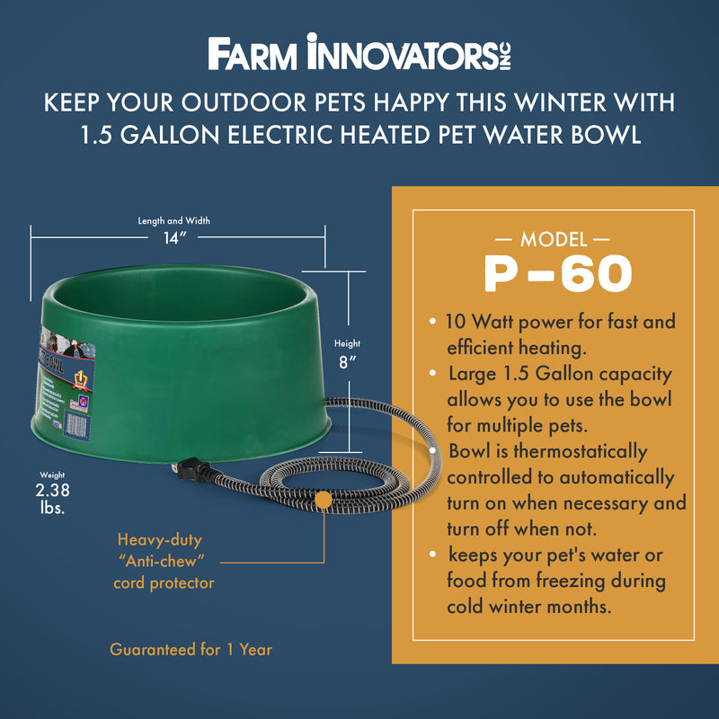 Farm Innovators P-60 1.5 Gallon Electric Heated Pet Water Bowl, 60 Watt, Green