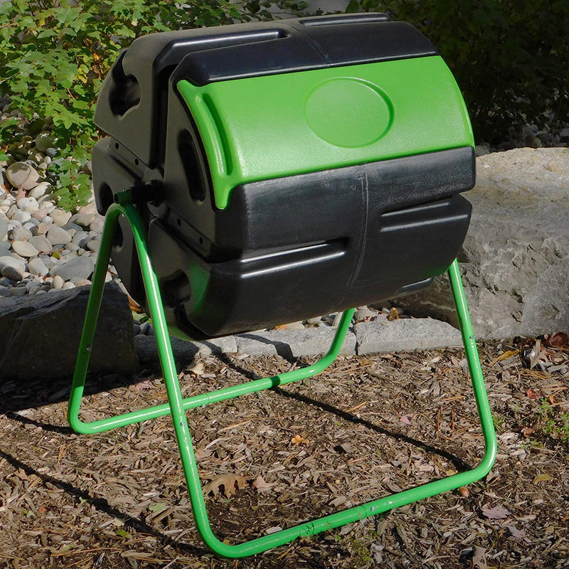 FCMP Outdoor HOTFROG 37 Gallon Plastic Single Roto Tumbling Composter Bin, Green