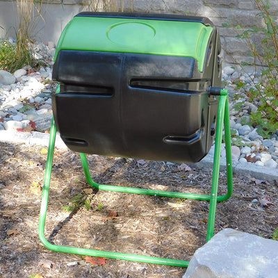 FCMP Outdoor HOTFROG 37 Gallon Plastic Single Roto Tumbling Composter Bin, Green