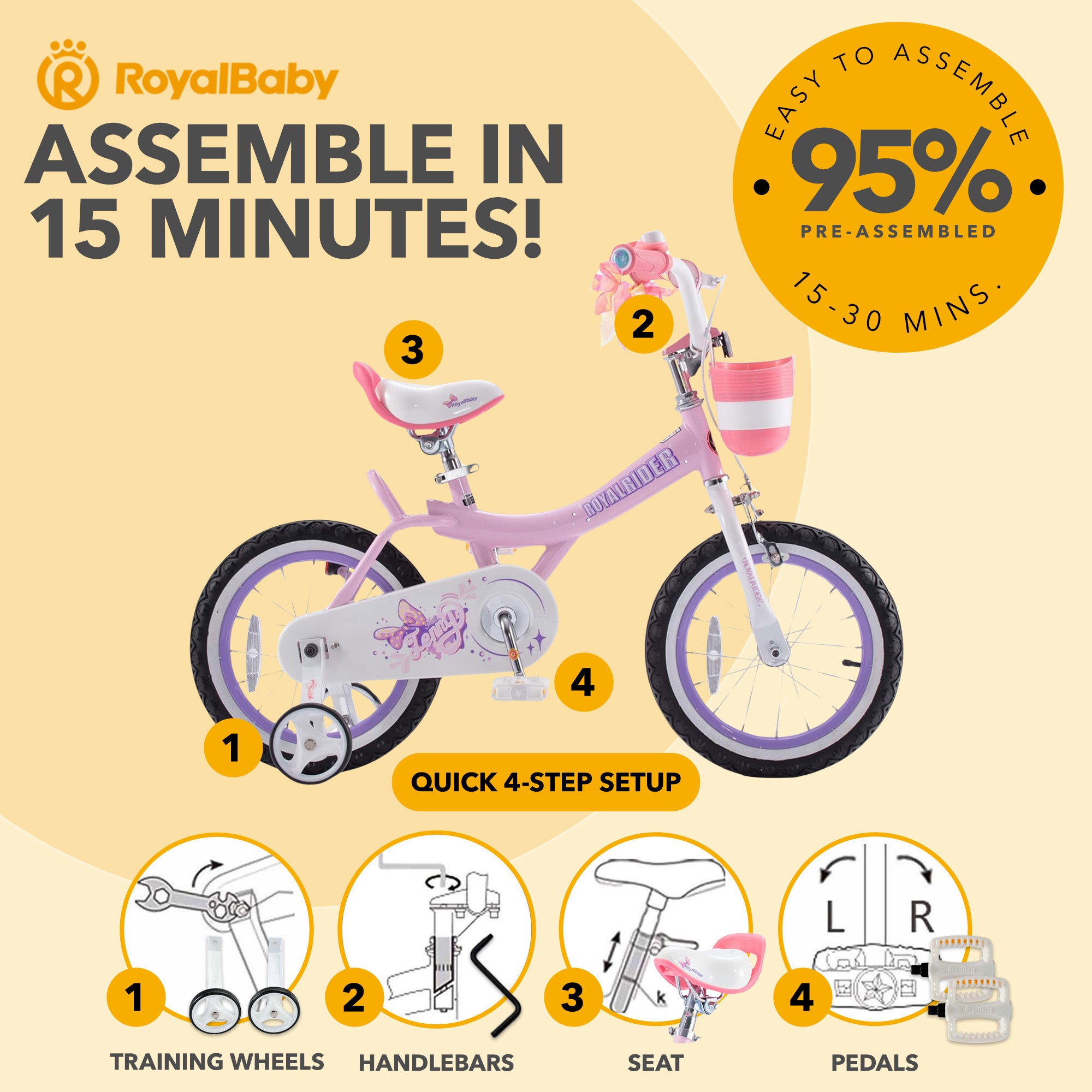RoyalBaby Princess Girl Bicycle 16" with Training Wheels & Kickstand (Open Box)