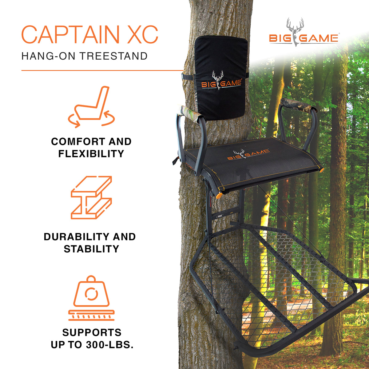 Big Game Captain XC Steel Hang-On Treestand & Quick Stick Climbing Sticks, Black