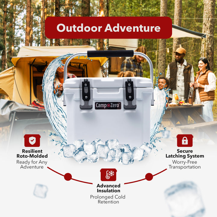 CAMP-ZERO 10 Liter 10.6 Quart Lidded Cooler with 2 Molded In Cup Holders, White - VMInnovations