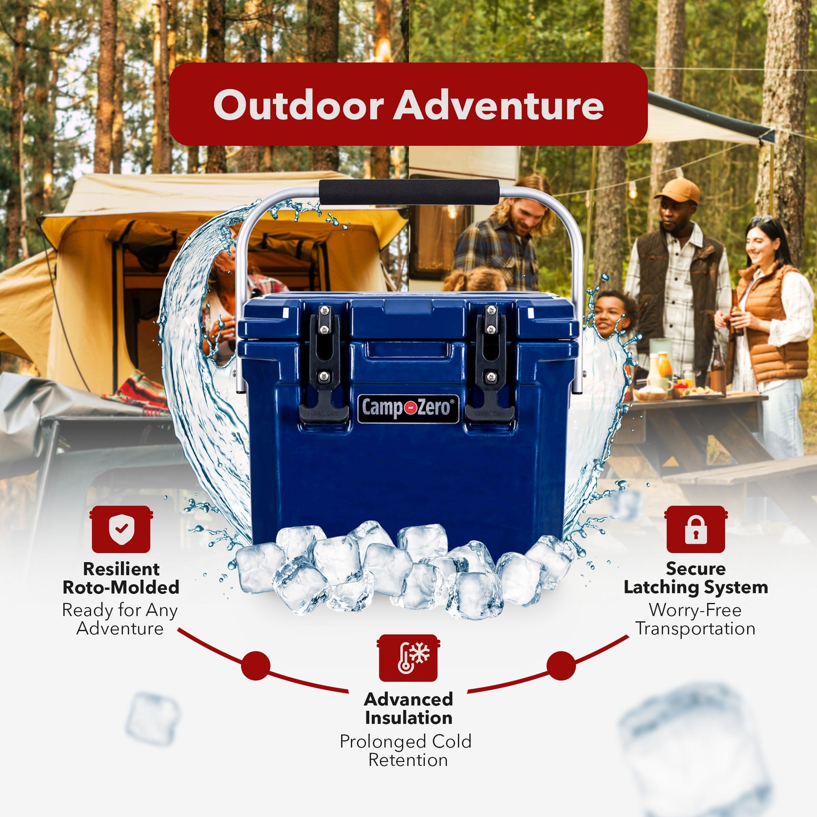 CAMP-ZERO 10 Liter 10.6 Quart Lidded Cooler with 2 Molded In Cup Holders, Navy - VMInnovations