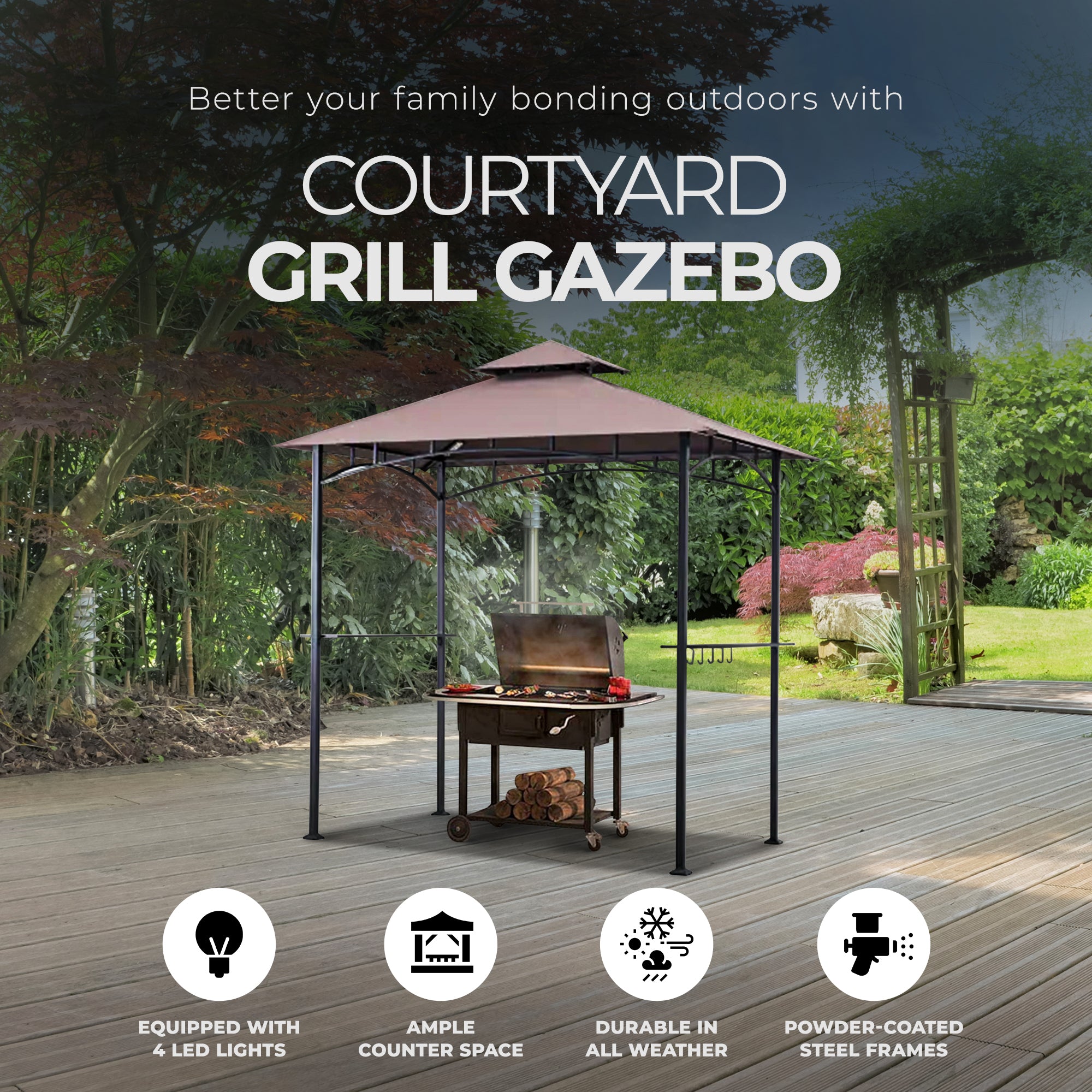 Four Seasons Courtyard Grill Gazebo w/ LED Lights and Powder Coated Frame, Brown - VMInnovations