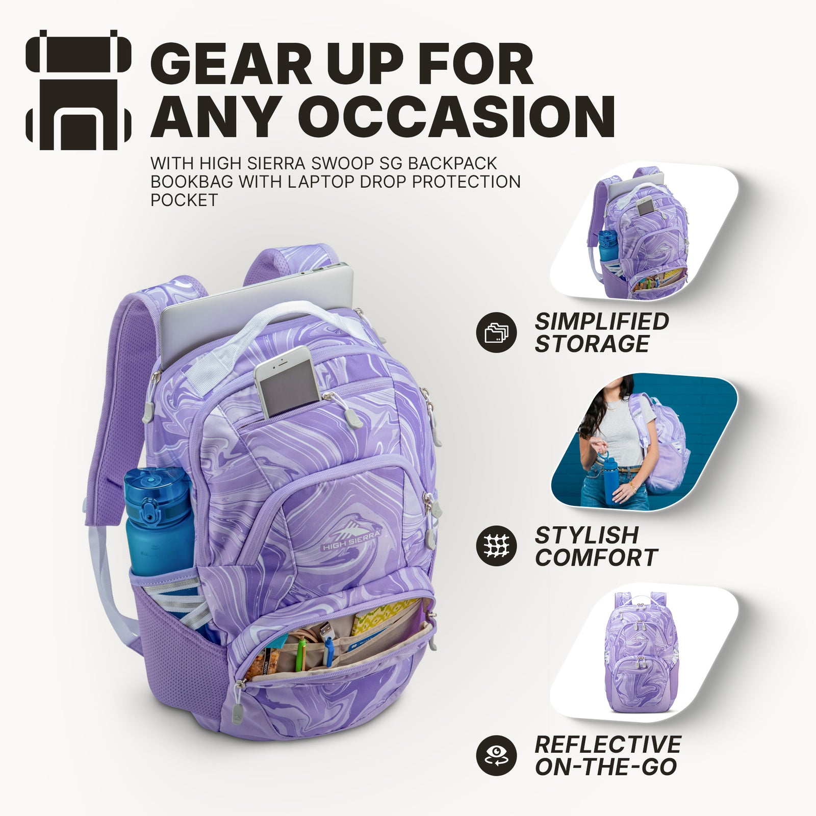 High Sierra Backpack, Fits most 17” Laptops,30L Capacity, Lavender (Open Box) - VMInnovations