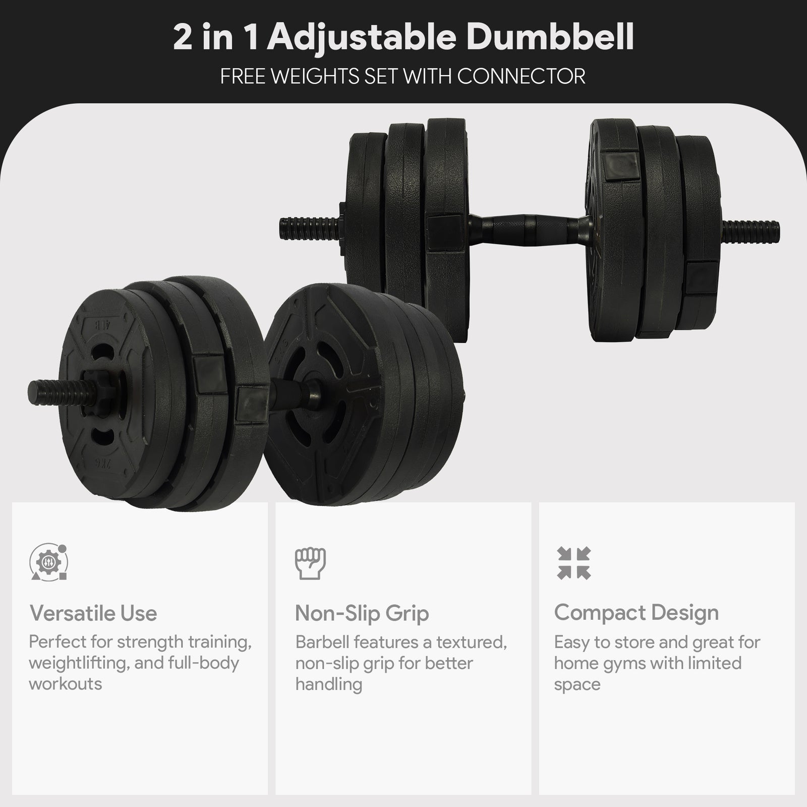 Fitvids 2 in 1 Adjustable Dumbbell Set, 60lbs Free Weights Set with Connector - VMInnovations