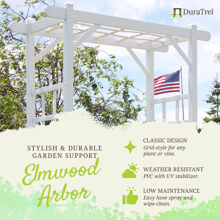 Dura-Trel Elmwood Arbor 57" x 84" PVC Outdoor Garden Arch Lattice Trellis, White - VMInnovations