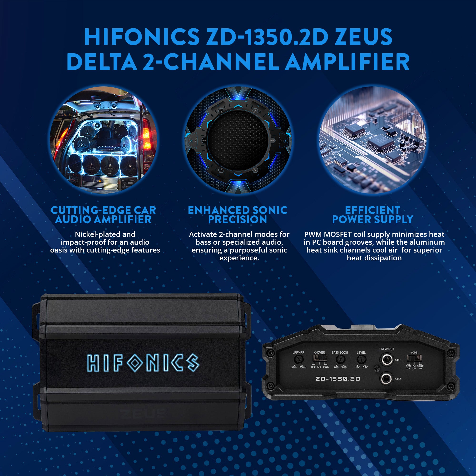 Hifonics 1,350 Watt 2 Channel Mobile Car Amplifier, ZD-1350.2D, Black (Open Box) - VMInnovations