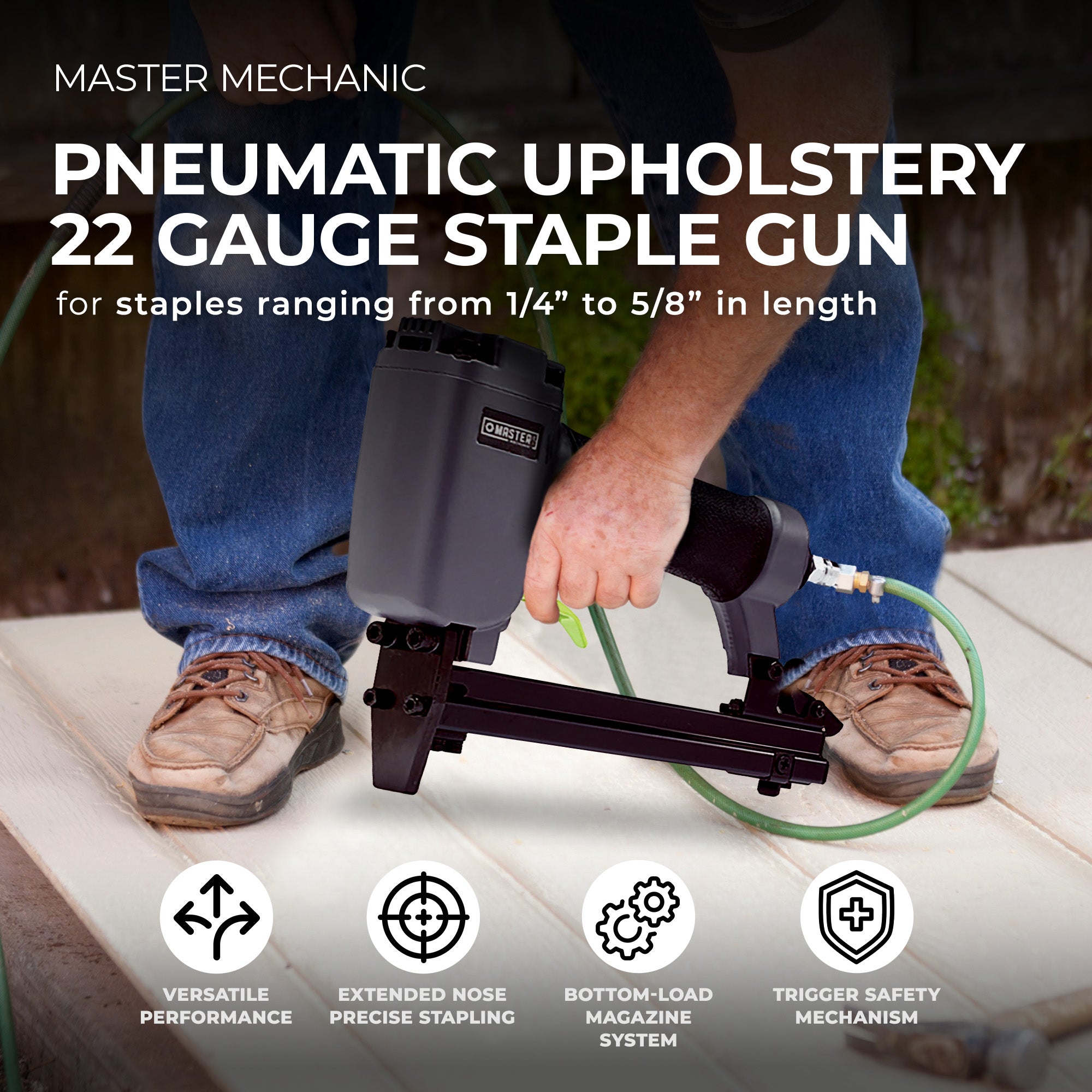 Master Mechanic Pneumatic Upholstery Stapler, 22 Gauge Heavy Duty Staple Gun - VMInnovations