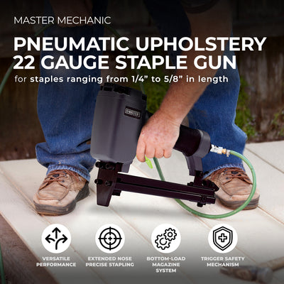 Master Mechanic Pneumatic Upholstery Stapler, 22 Gauge Heavy Duty Staple Gun - VMInnovations