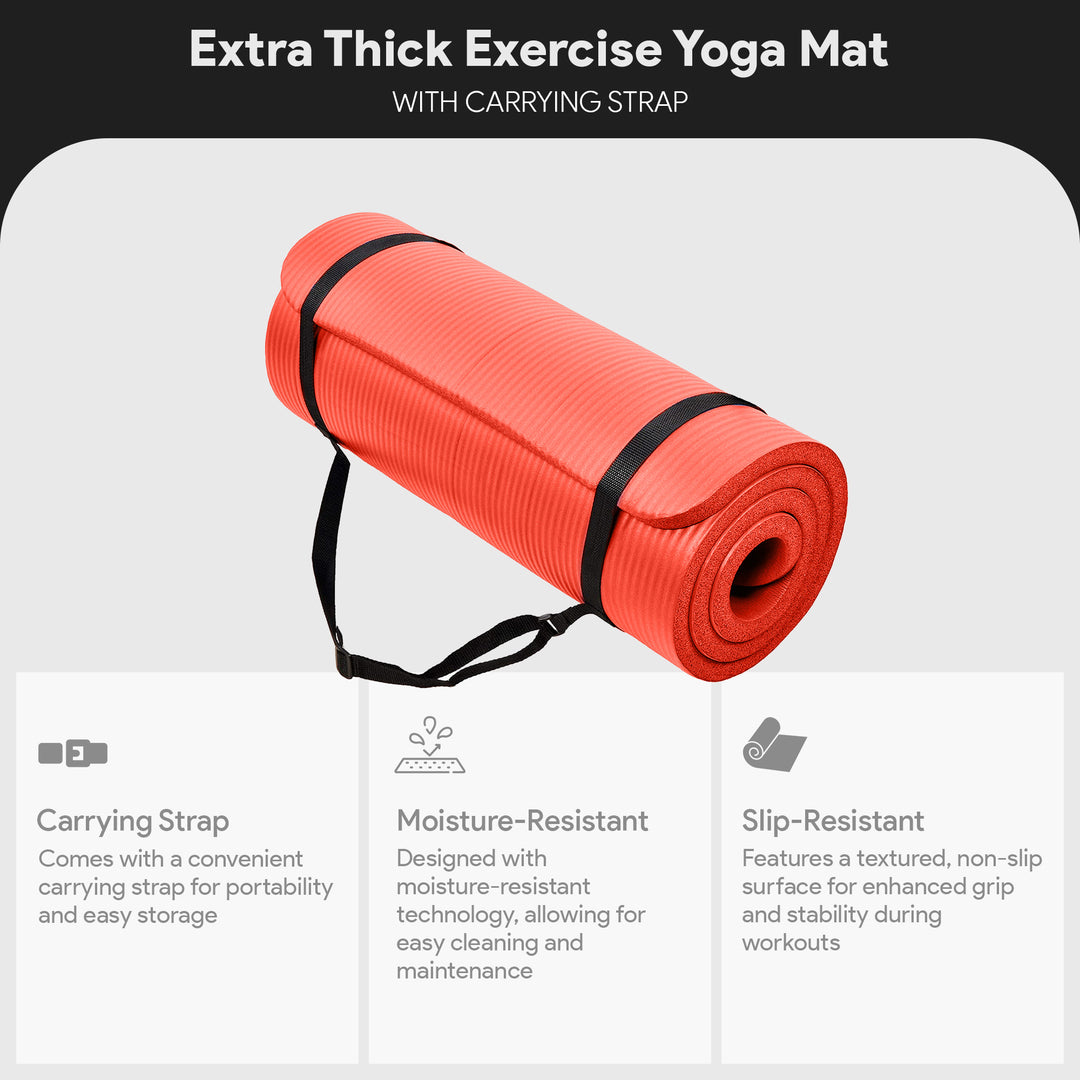 BalanceFrom Fitness 1" Extra Thick Exercise Mat w/Carrying Strap, Red(Open Box)