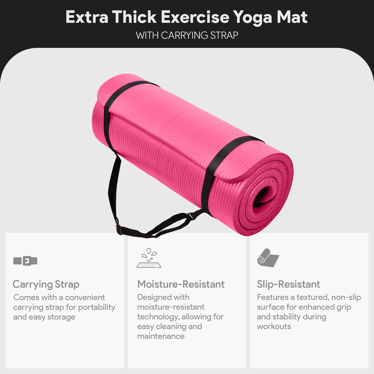 BalanceFrom 1" Extra Thick Exercise Yoga Mat with Carrying Strap, Pink(Open Box)