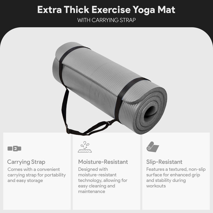 BalanceFrom GoCloud 1" Extra Thick Exercise Yoga Mat with Carrying Strap, Gray