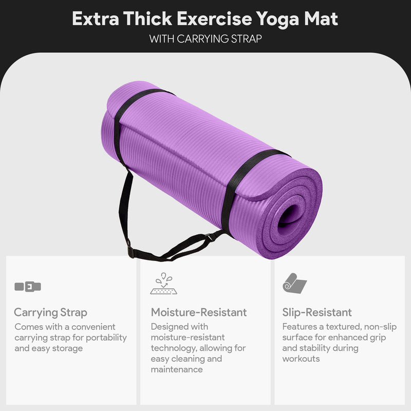 Fitness GoCloud 1" Extra Thick Exercise Mat w/Carrying Strap, Purple (Open Box)