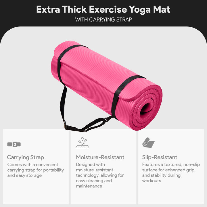 GoCloud 1" Extra Thick Exercise Yoga Mat with Carrying Strap, Pink (Open Box)