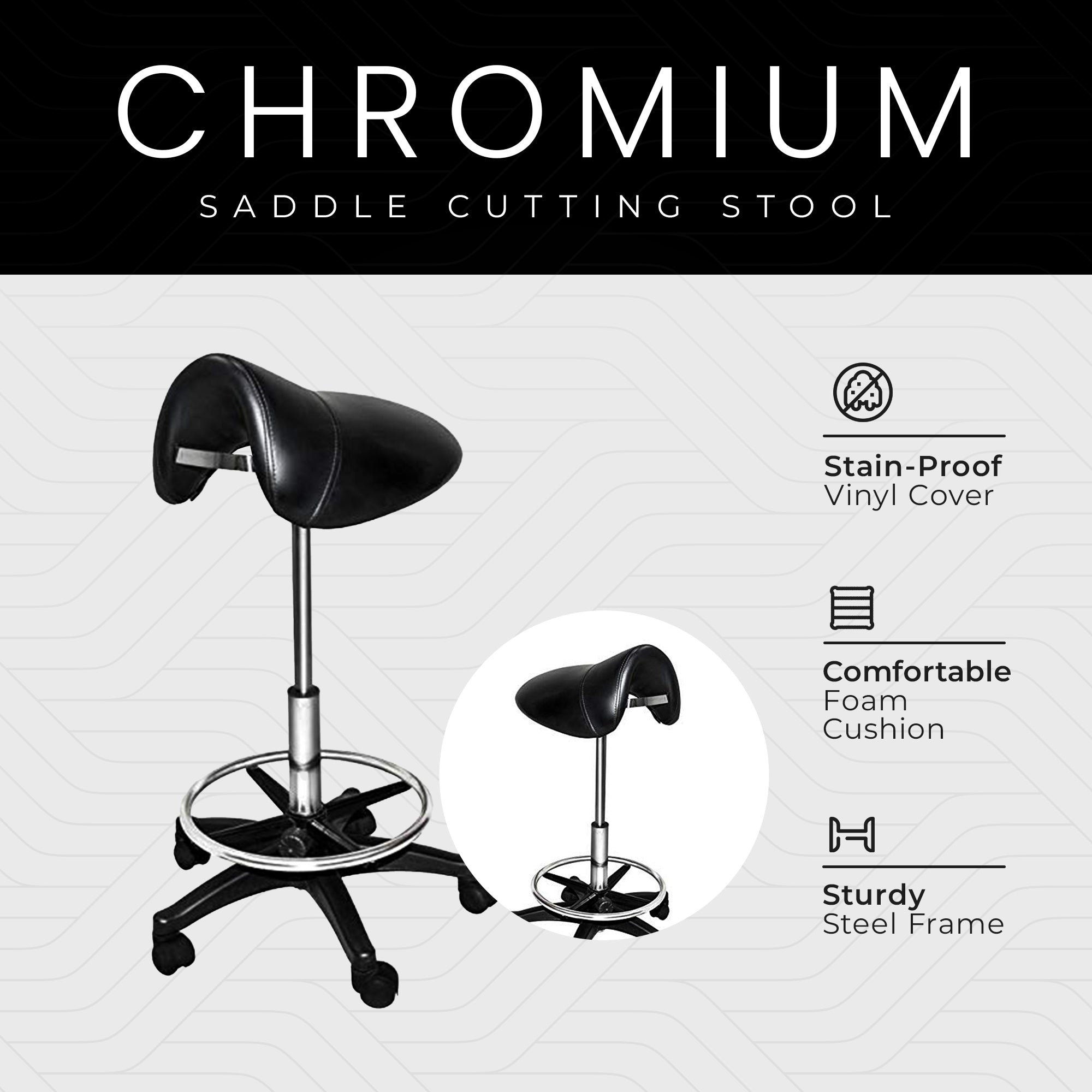 Chromium Professional Rotating Saddle Cutting Stool w/Foam Cushions, Black(Used) - VMInnovations