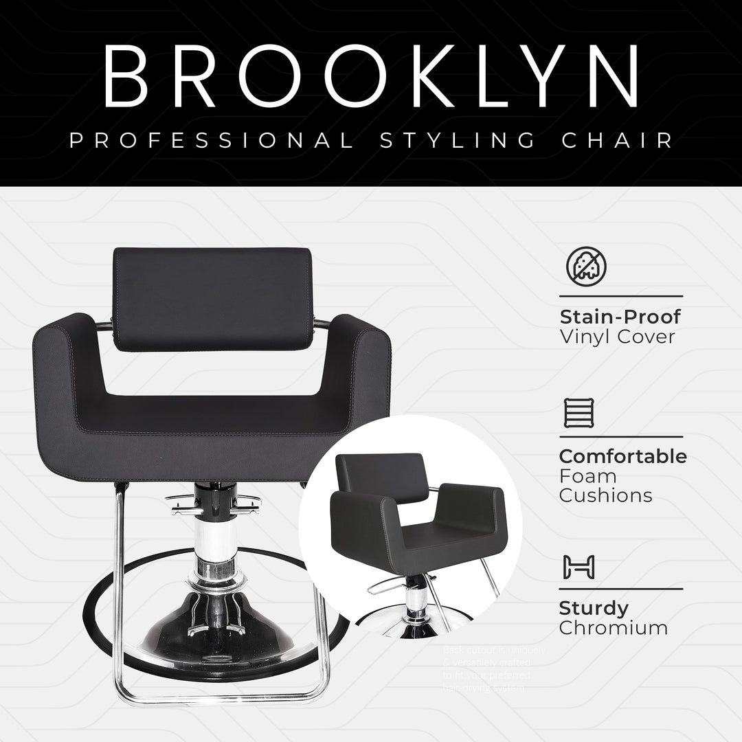 Chromium Brooklyn Professional Styling Chair w/High Density Foam Cushions, Black - VMInnovations