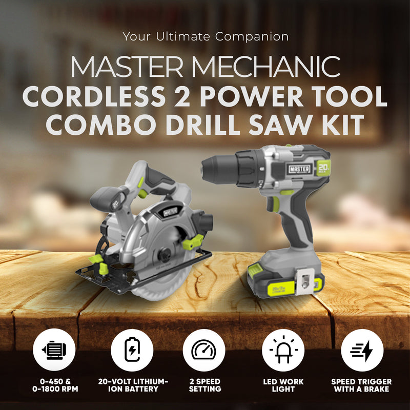 Master Mechanic Cordless 2 Power Tool Combo Drill Saw Kit for Home Improvement