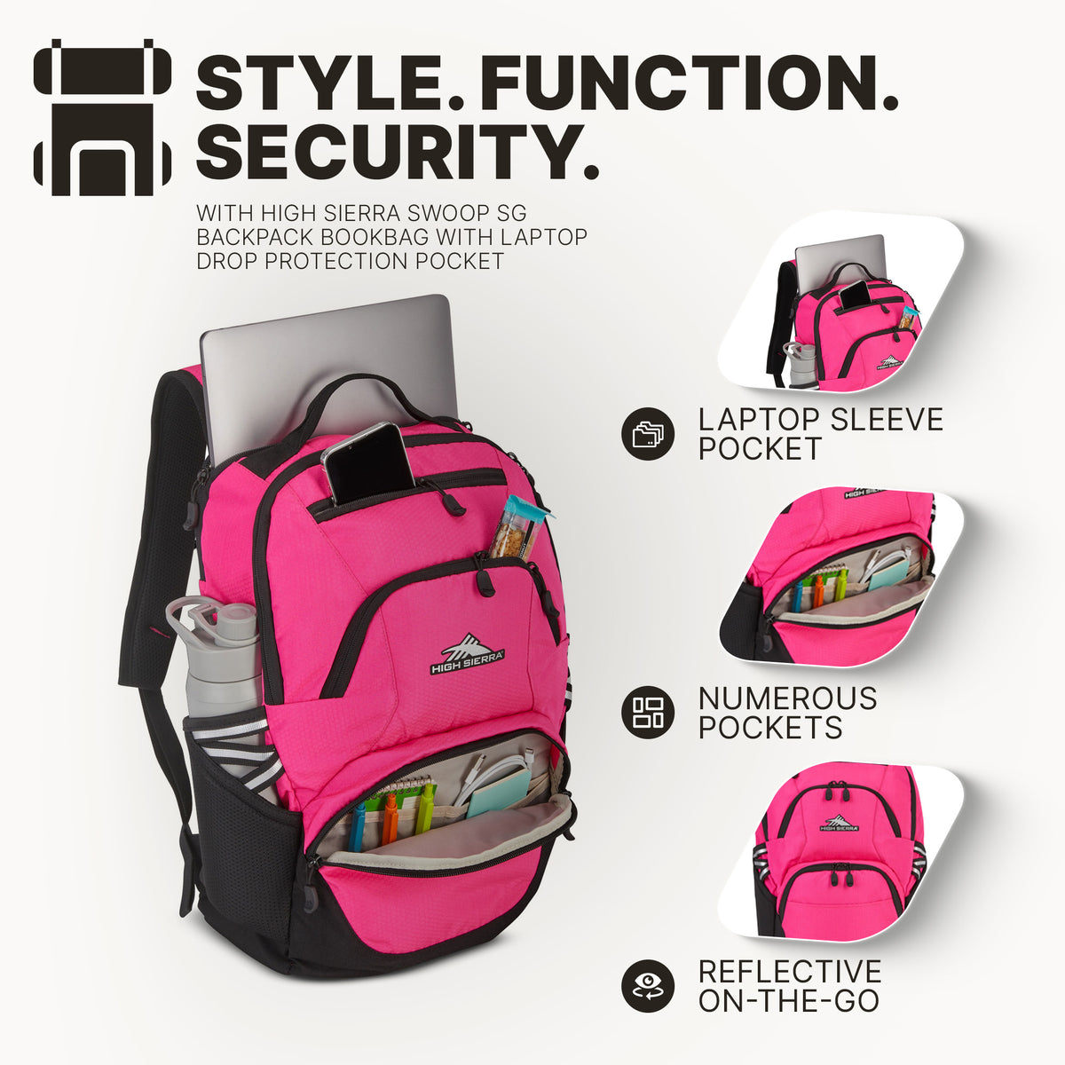 High Sierra Swoop Backpack for Laptop, Fits Most 17” Laptops, 30L, Flamingo