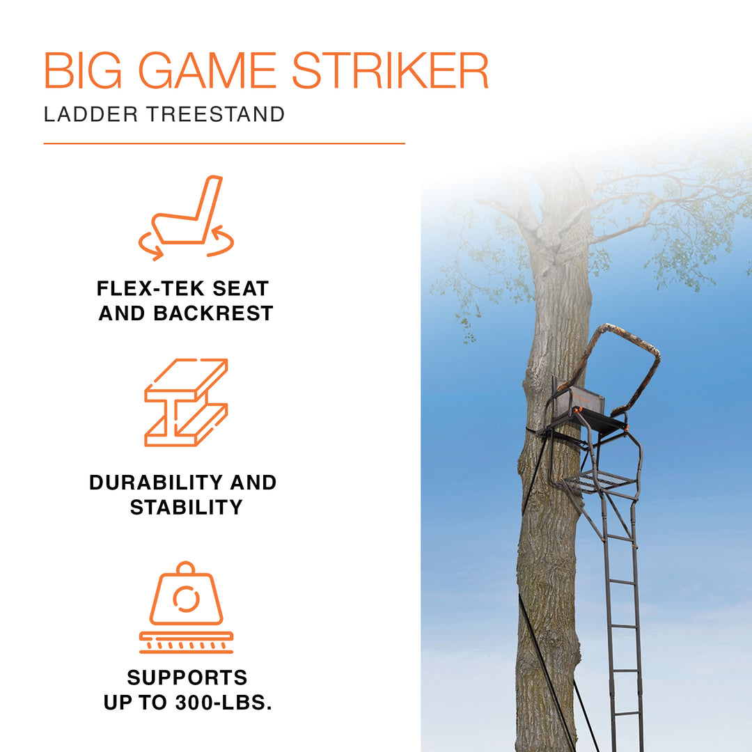 Big Game Striker XL 17.5' Ladder Treestand with Flip-Back Seat and Rail, Black