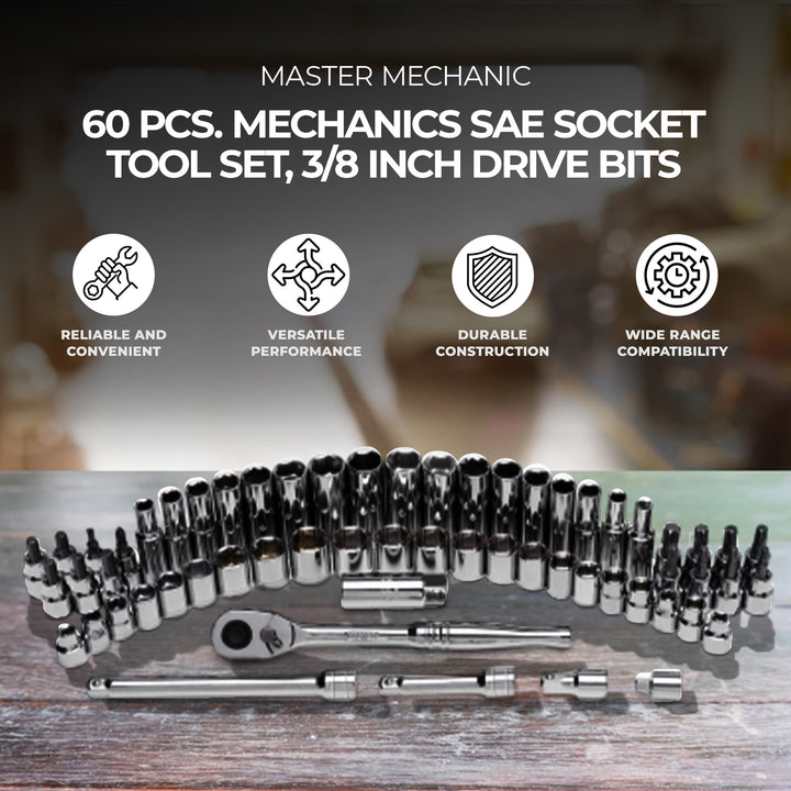 Master Mechanic 60 Piece Mechanics SAE Socket Tool Set, 3/8 Inch Drive Bits - VMInnovations