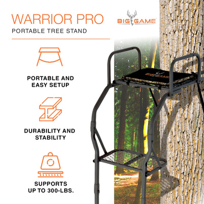 Big Game The Warrior Pro 1 Person Deer Hunting Ladder Climbing Tree Stand, Black