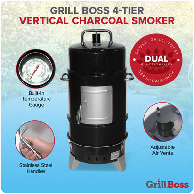 Grill Boss Vertical Charcoal Smoker, 4 Tier, 564 Sq In, Black (Open Box) - VMInnovations