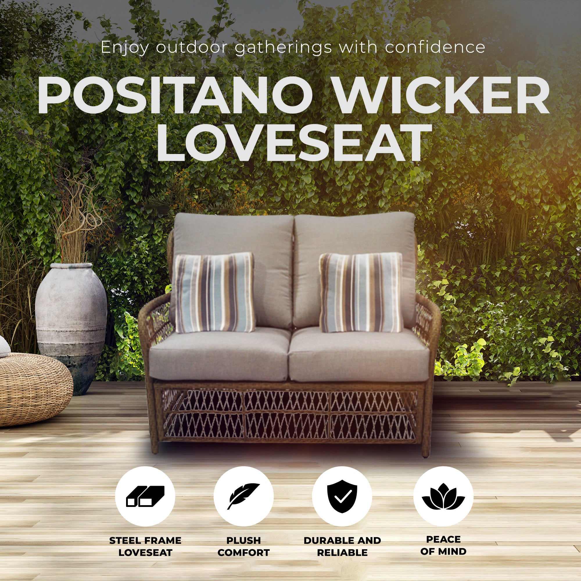 Four Seasons Courtyard Positano Wicker Cushioned Loveseat w/ 2 Accessory Pillows - VMInnovations